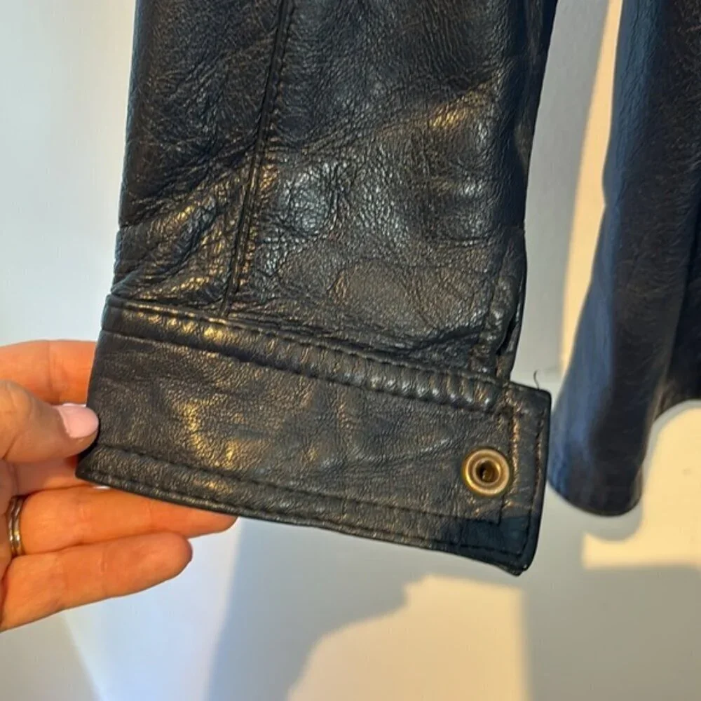 Vintage blue leather jacket snap closure shirt style fitted size S/M by Marquis - Picture 7 of 12
